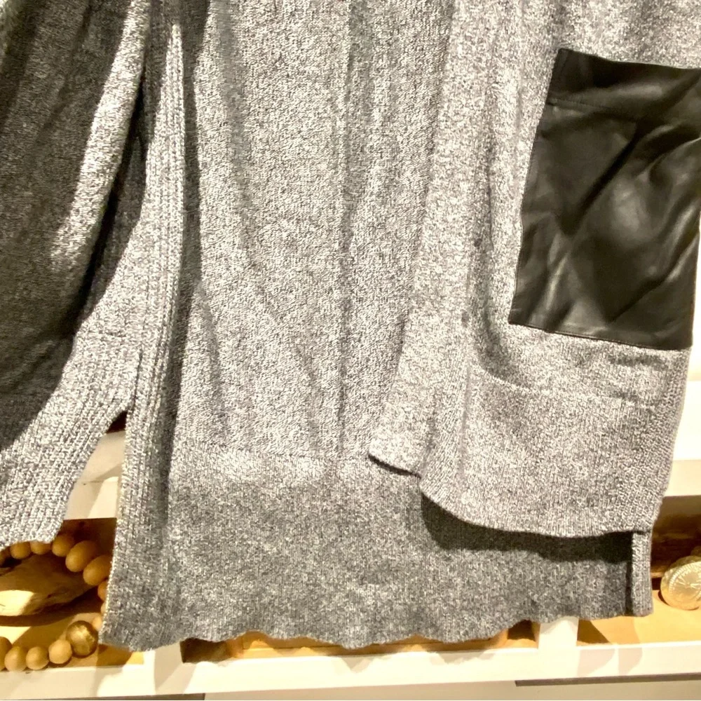 Vegan LEATHER pockets & sleeves open front boho cardigan w midcentury vibe - Picture 9 of 10
